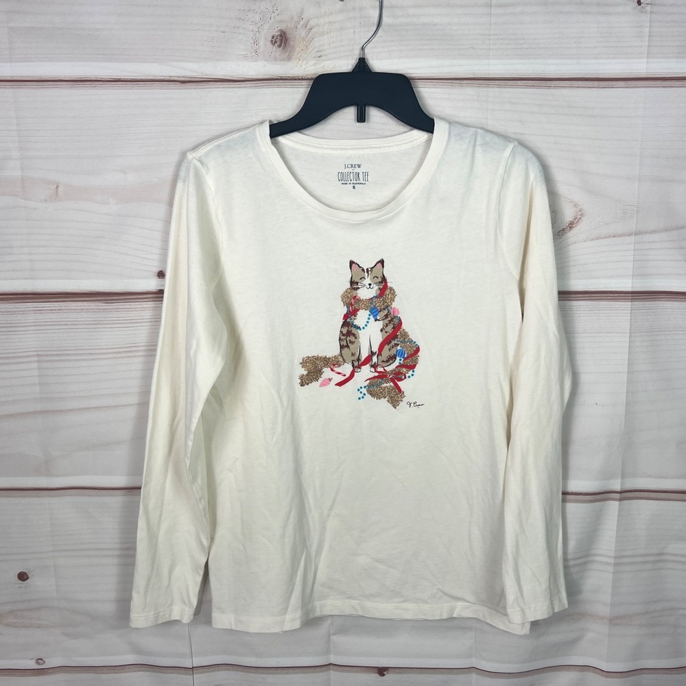 J Crew Top Womens Small White Holiday Cat Graphic T-Shirt Cotton Long Sleeve